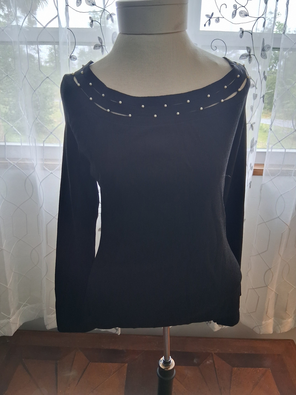 Cable & Gauge Black Long-Sleeve Boatneck Top with Pearl Trim